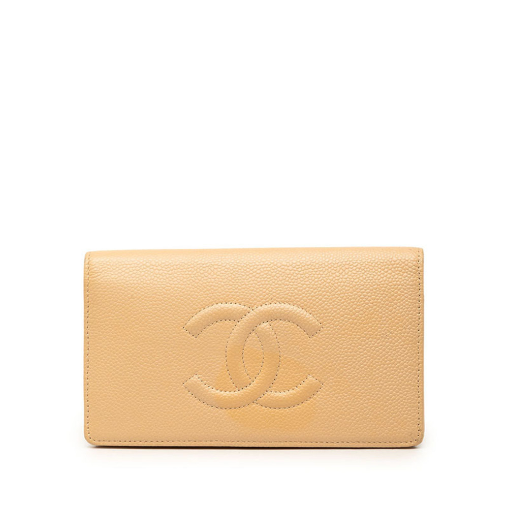 CHANEL Cream Caviar Leather Logo Wallet